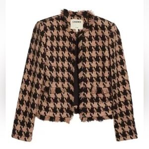 L'AGENCE Angelina Houndstooth Open Front Blazer pockets jacket fringe plaid work